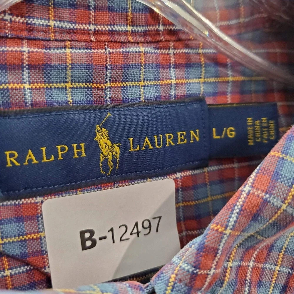 Ralph Lauren Men Button Up Shirt Large Red Plaid Logo Long Sleeve Collar READ